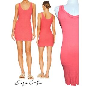 Enza Costa Silk Blend Ribbed Tank Mini Dress Coral Pink L Made USA‎